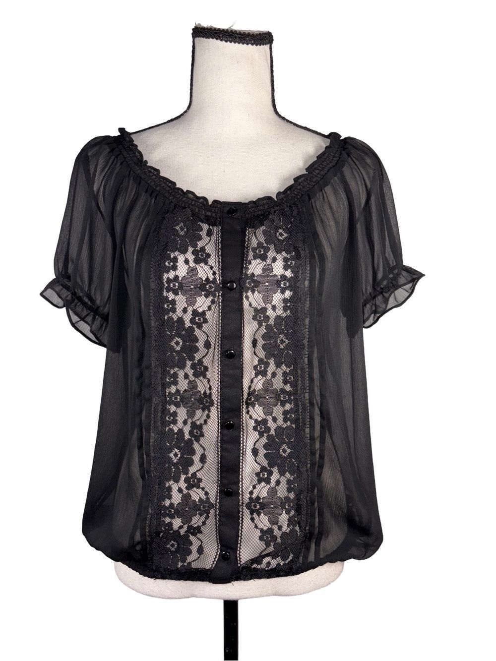Eyelash Couture Black Sheer Floral Lace Peasant Blouse Large